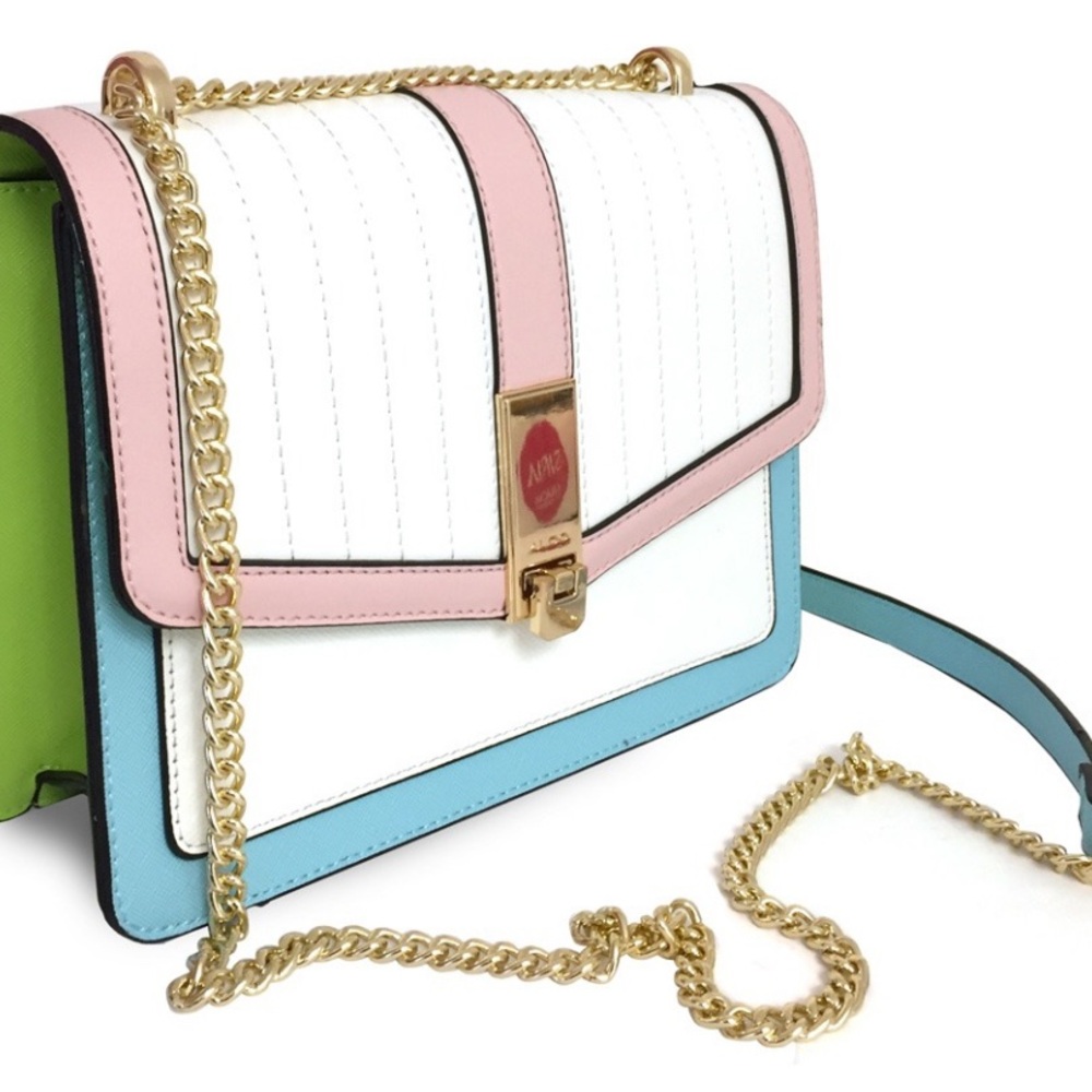 Aldo Cream, Pink, and Blue Crossbody Bag with Gold Chain